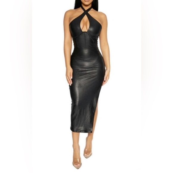 Naked Wardrobe Extra Drippin’ Faux Leather Crossover Halter Midi Dress NWT Large - Picture 1 of 9